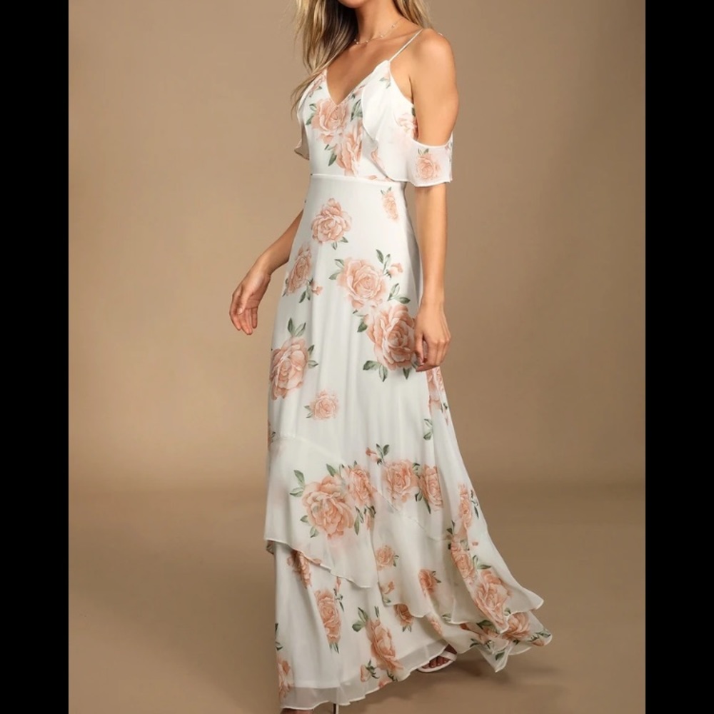 Lulu’s Take You There Ivory Floral Print Maxi Dress